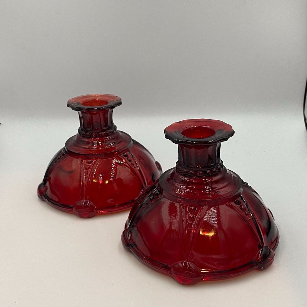 2 Vintage Anchor Hocking Ruby Red Glass Candleholders Oyster & Pearl Pattern